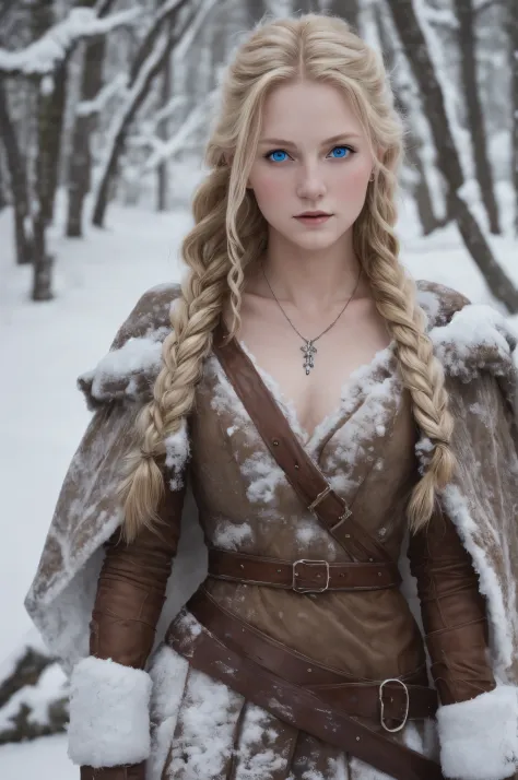 (Realisttic:1.2), analog photo style, female nordic warrior, fantasy snowy setting, braided blonde hair, full body, soft natural...