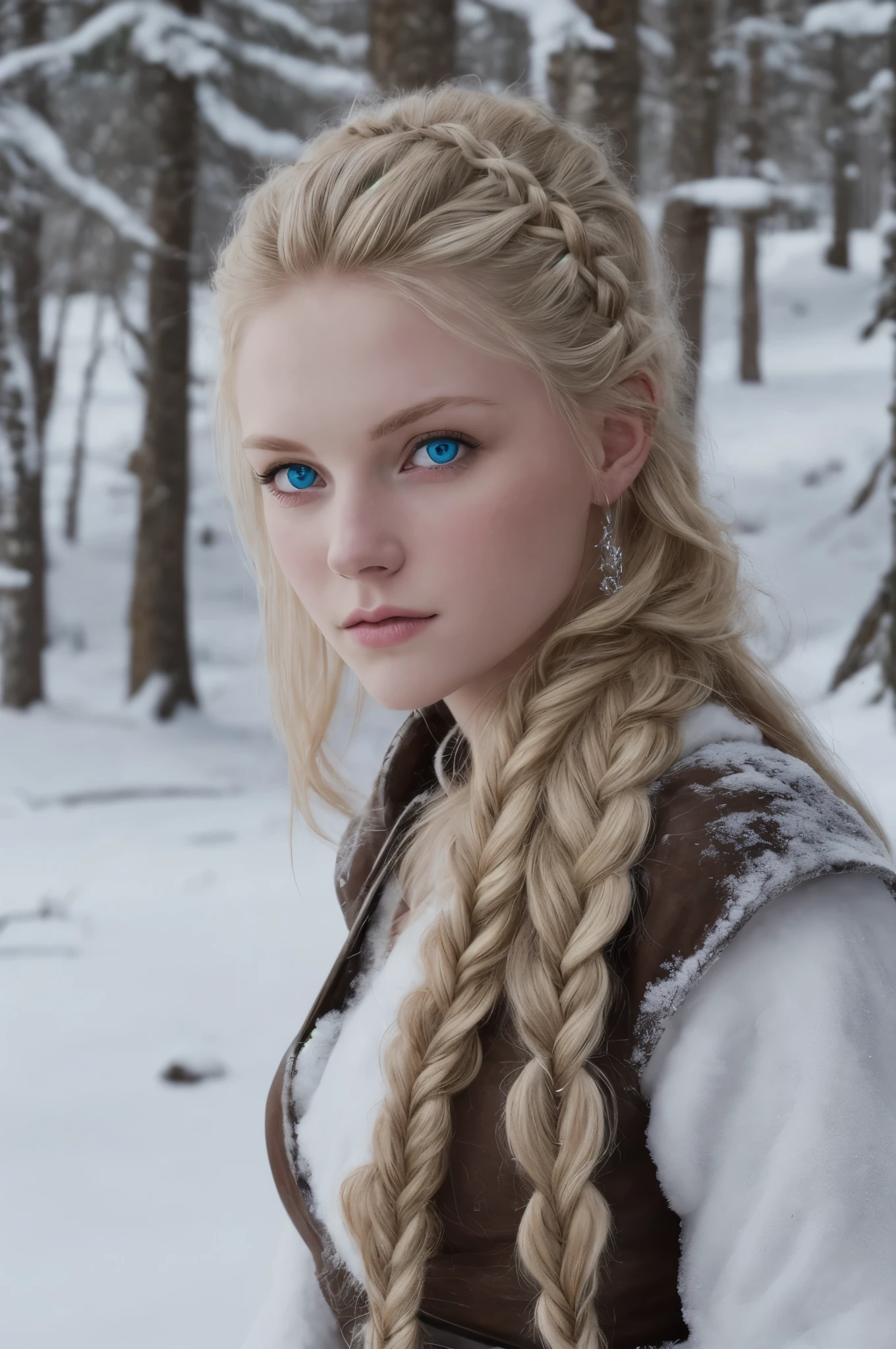 (Realisttic:1.2), analog photo style, female nordic warrior, fantasy snowy setting, braided blonde hair, full body, soft natural light, cute and sexy, pleasure, detailed face and blue eyes, great quality, Masterpiece, detailed northern background, 16k quality, RAW photo