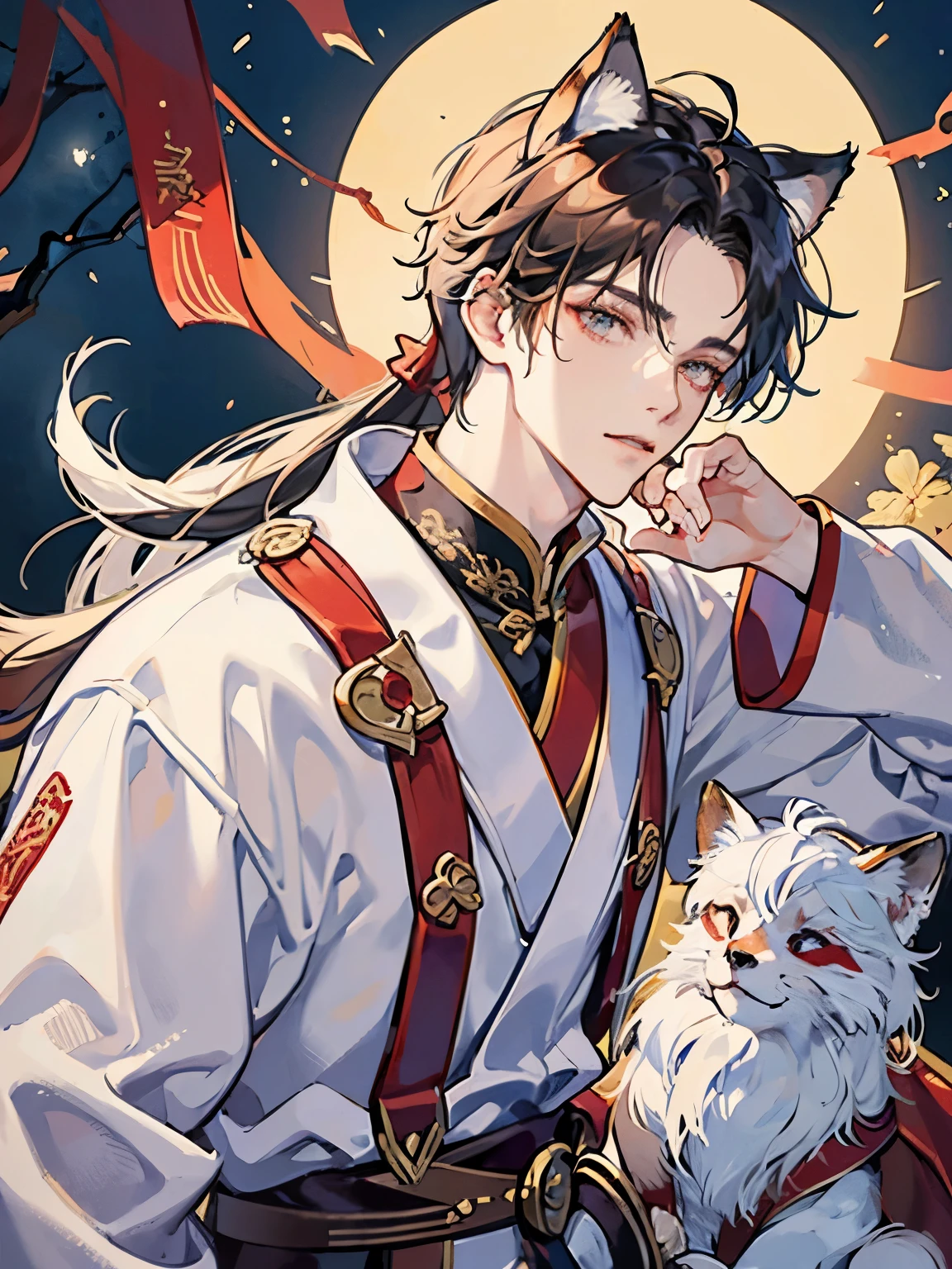 master piece，need，male，Chinese style，ChinaAncient，white hair，messy hair，white long hair，with long bangs，good looking，Male-like，kindness，big tall，quiet，red robes，outer，cloak，High hills，snow， youth，Ancient，masterpiece，need，Leprechaun，Red fox，animal ears，good looking guy，brunette hair，hair scattered，dark hanfu，Cool Handsome、