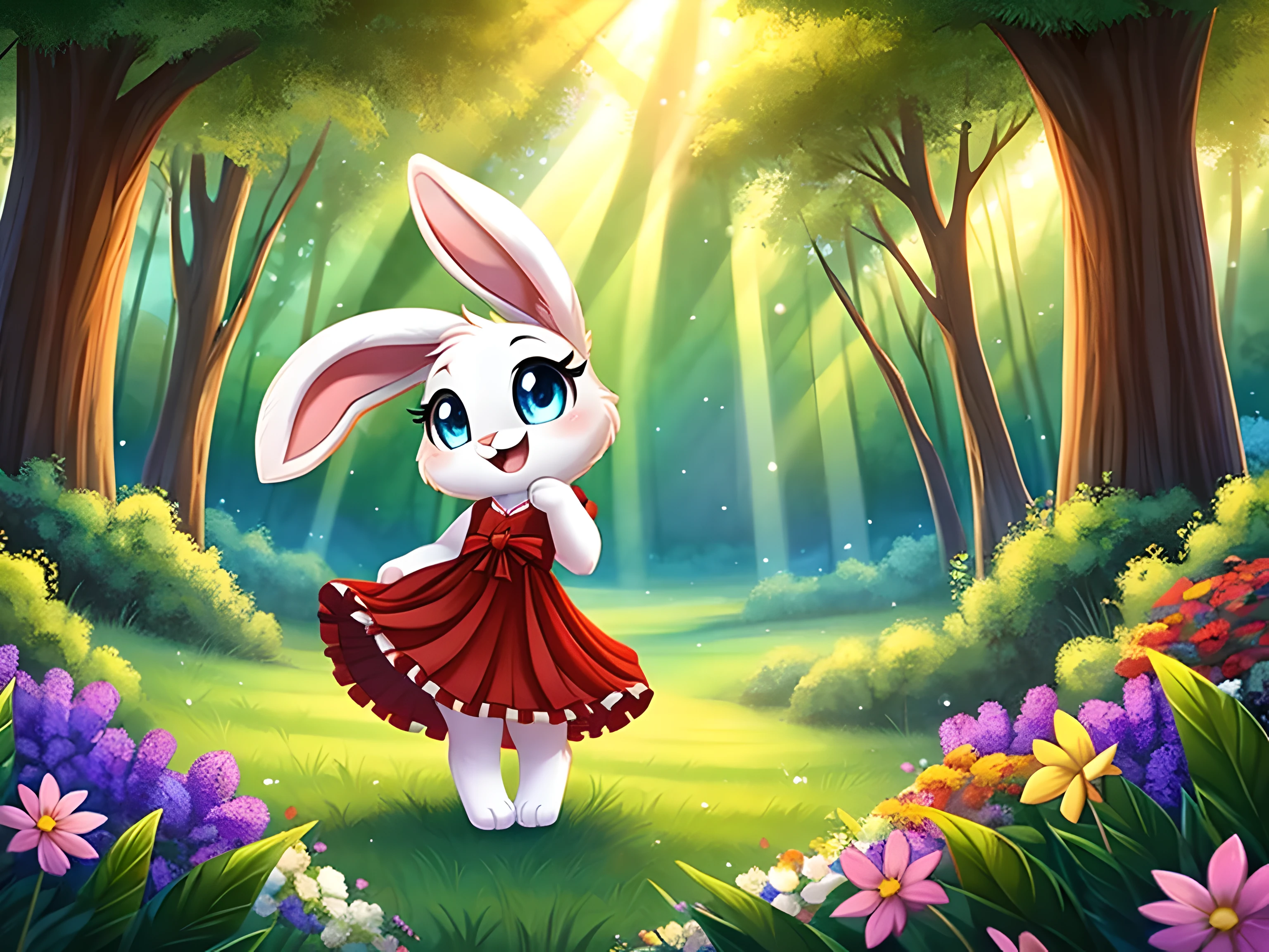 zoomed out image, cute style art, fantasy style art, cute, adorable, short character, small, tiny little fluffy female white bunny with blue eyes, 4 ears, 2 extra ears, big floppy ears, long ears, ears perked up, raised ears, long eyelashes, poofy rabbit tail, wearing a red frilly ribbon dress, smiling, standing in a colorful fantasy forest, soft tones, big expressive smile, open mouth, wide eyes, excited eyes, excited face, stunning visuals, sunlight coming through the trees, flowers scattered in the bushes, butterflies in the air, digital illustration