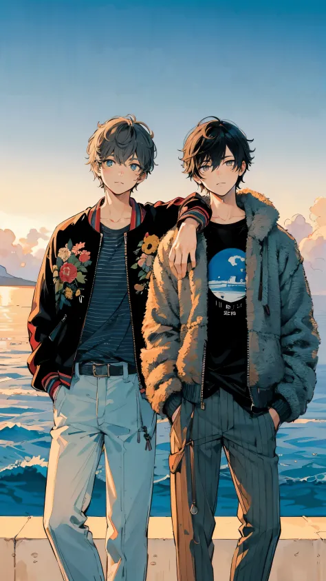 Two young men are standing on the shore at sunset. The man on the left is wearing blue pants and a black jacket with red and yel...