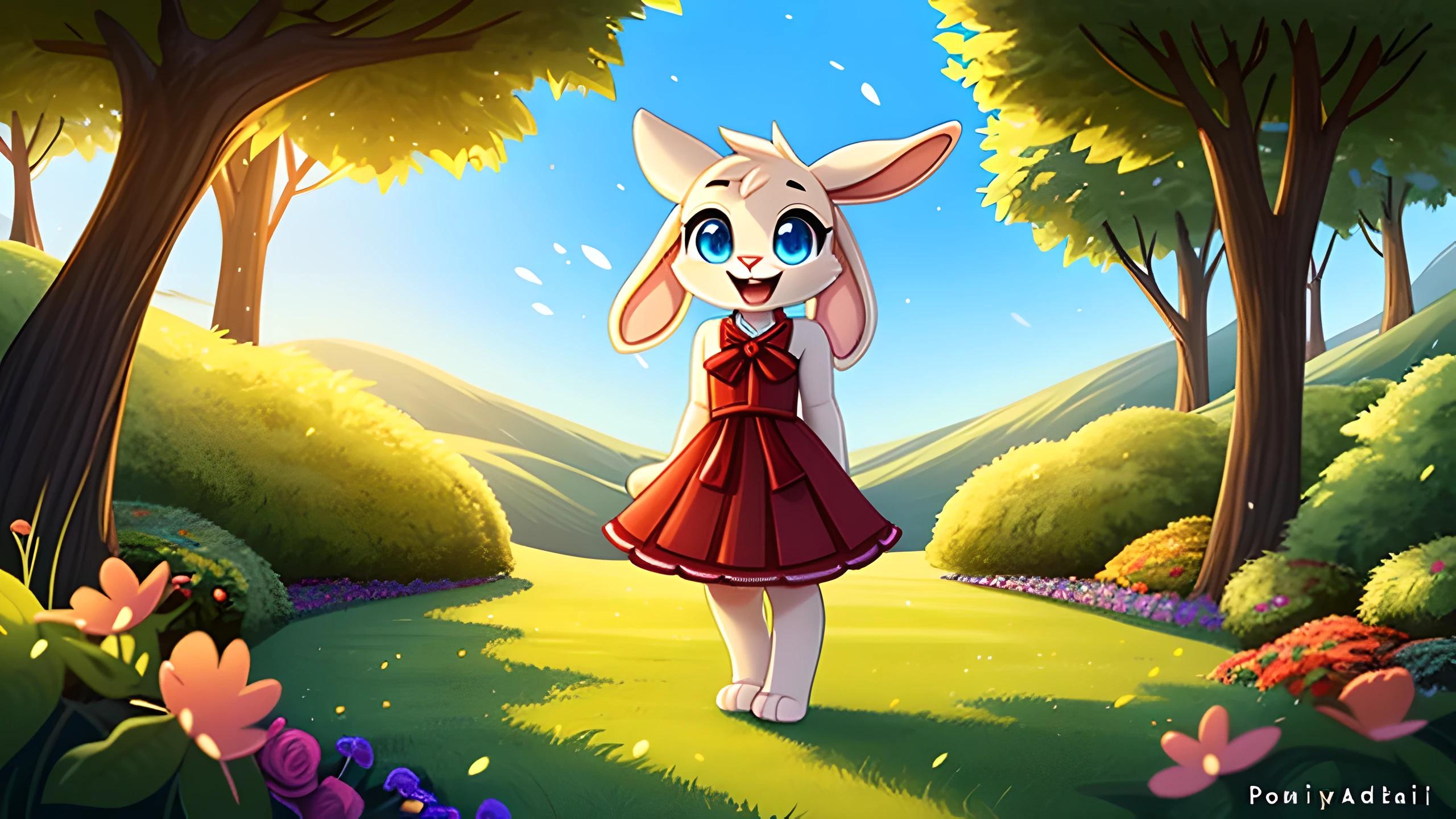 zoomed out image, cute style art, fantasy style art, cute, adorable, short character, small, tiny little fluffy female white bunny with blue eyes, 4 ears, 2 extra ears, big floppy ears, long ears, ears perked up, raised ears, long eyelashes, poofy rabbit tail, wearing a red frilly ribbon dress, smiling, standing in a colorful fantasy forest, soft tones, big expressive smile, open mouth, wide eyes, excited eyes, excited face, stunning visuals, sunlight coming through the trees, flowers scattered in the bushes, butterflies in the air, digital illustration