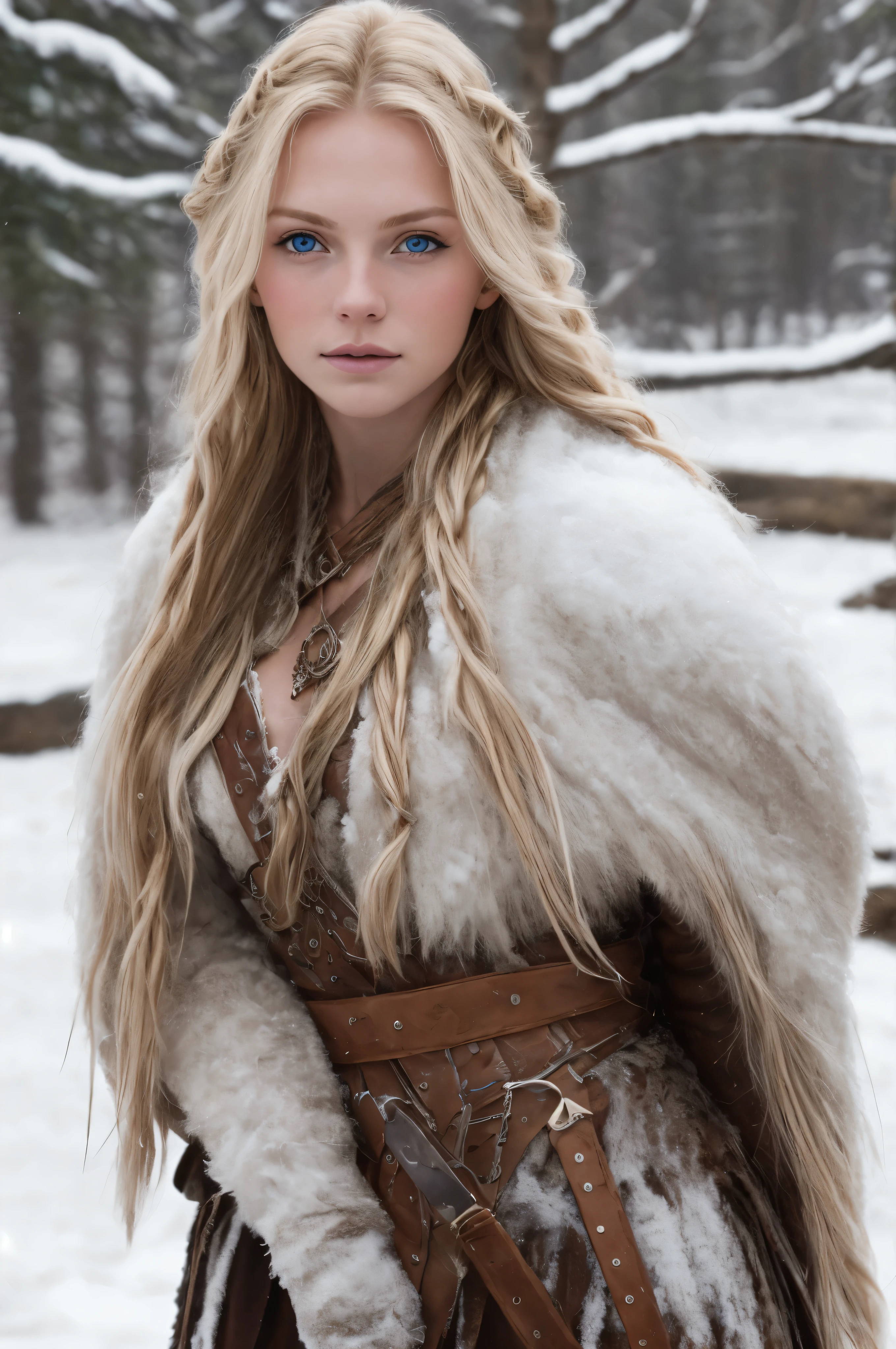 (Realistic:1.2), Analog Photography Style, Scandinavian woman warrior, fantastic snowy setting, braided blonde hair, whole body, Soft natural light, Cute and sexy, Pleasure, detailed face and blue eyes, отличное Quality, masterpiece, detailed northern background, Quality: 16 thousand., raw photo