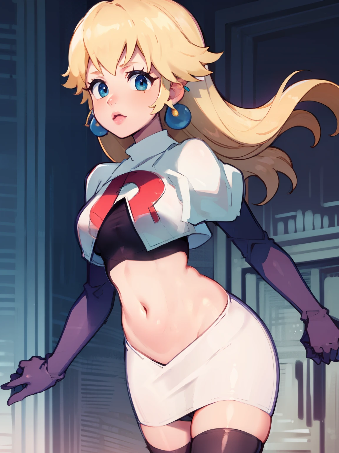 princess_peach, blonde hair ,earrings,team rocket,team rocket uniform, red letter R, white skirt,white crop top,black thigh-highs,black elbow gloves