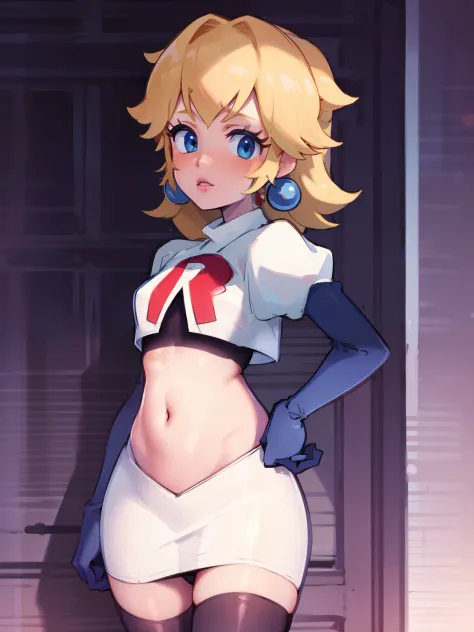 princess_peach, blonde hair ,earrings,team rocket,team rocket uniform, red letter R, white skirt,white crop top,black thigh-high...