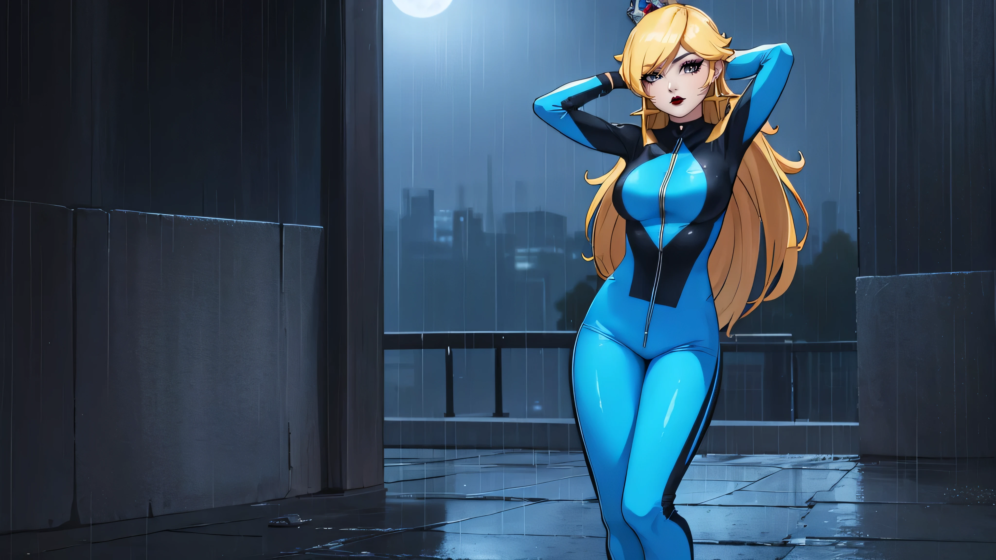 ((high detailed, best quality, 4k, masterpiece, hd:1.3)), BREAK rainy night, moonlight, landscape, it's raining, raining, a full-length shot of Rosalina standing posing under the rain, BREAK neon blue eyes, seductive, attractive, sexy smile, smiling, smooth anime cg art, 36C breasts, (long fitness legs), vivid colors, detailed digital art, slim body, perfect skin, wet blonde hair, wet long hair, wet hair, BREAK crown, BREAK looking at viewer, extremely detailed face, (blue jumpsuit), (Jumpsuit:1.5), (blue racing suit), (racing suit:1.5), (blue high heels), full body, earrings, gem, dark gothic eyeshadows, dark eyeshadows, black eyeshadows, black_sexy_lips, black lips, dark lips, gothic painted lips, dark_red_lips, very dark lips, red_painted_lips, (very thin lips), thin lips, detailed lips, (dark:1.2), (perfect hands, perfect anatomy), black makeup, detailed fingers, five fingers per hand, 5 fingers, (1 girl), (solo:1.3), (hands behind head:1.3),