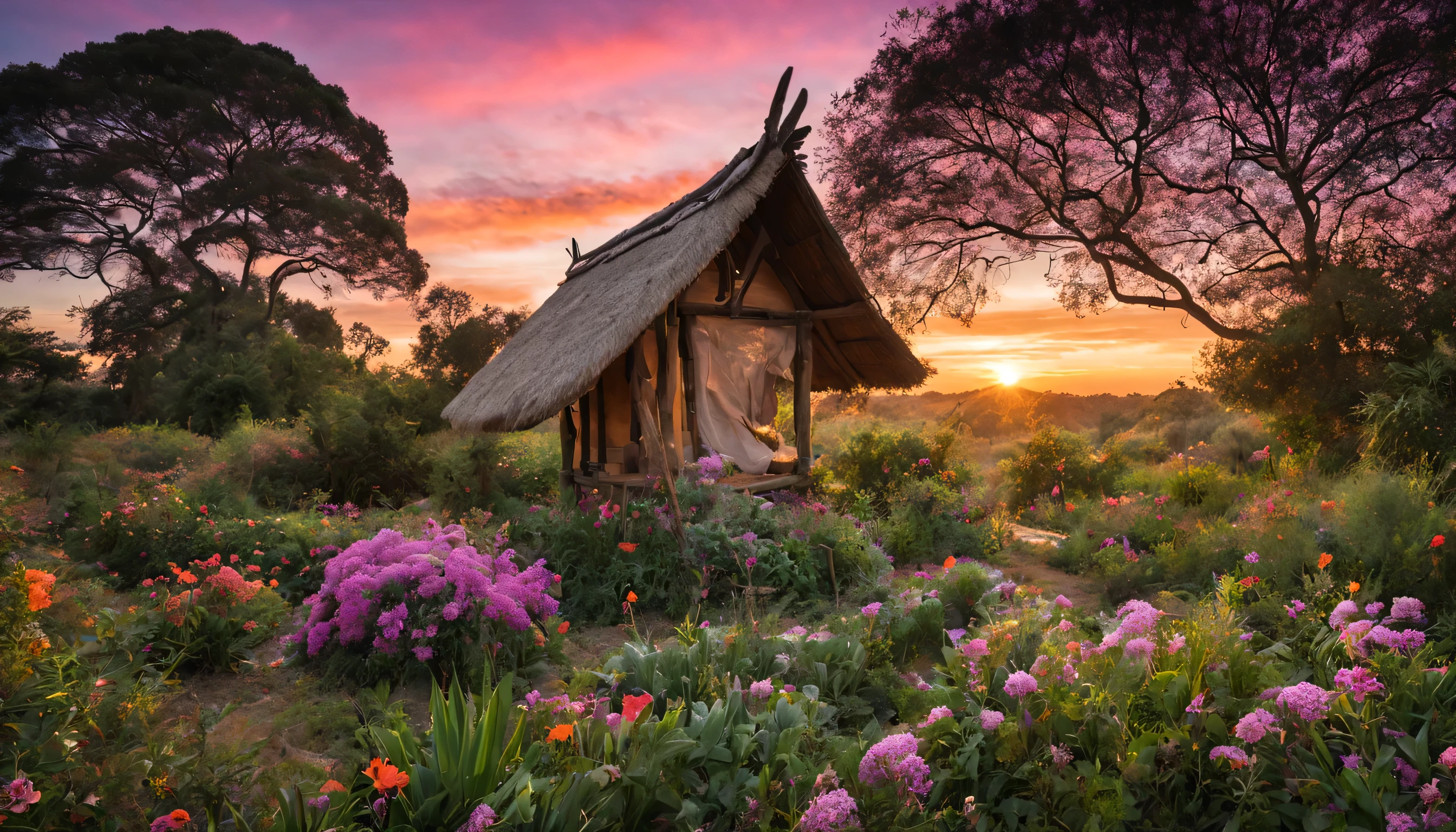 Ninfa graciosa e esvoaçante, "Milla Jovovich com vestido Ametista longo", em um cenário. mundo de fantasia encantador. Montanhas majestosas se erguem ao fundo, enquadrando um vale verdejante e sereno. Uma casa de campo pitoresca aparece em primeiro plano, com sua estrutura rústica de madeira e telhado de palha, perfeitamente integrado no campo. O riacho cristalino que serpenteia perto da casa emite um som reconfortante, enquanto as cores suaves da natureza pintam uma paleta serena ao redor. Borboletas e abelhas dançam no pequeno jardim florido. O pôr do sol pinta o céu com tons de laranja e rosa, Criando um espetáculo mágico no horizonte.
