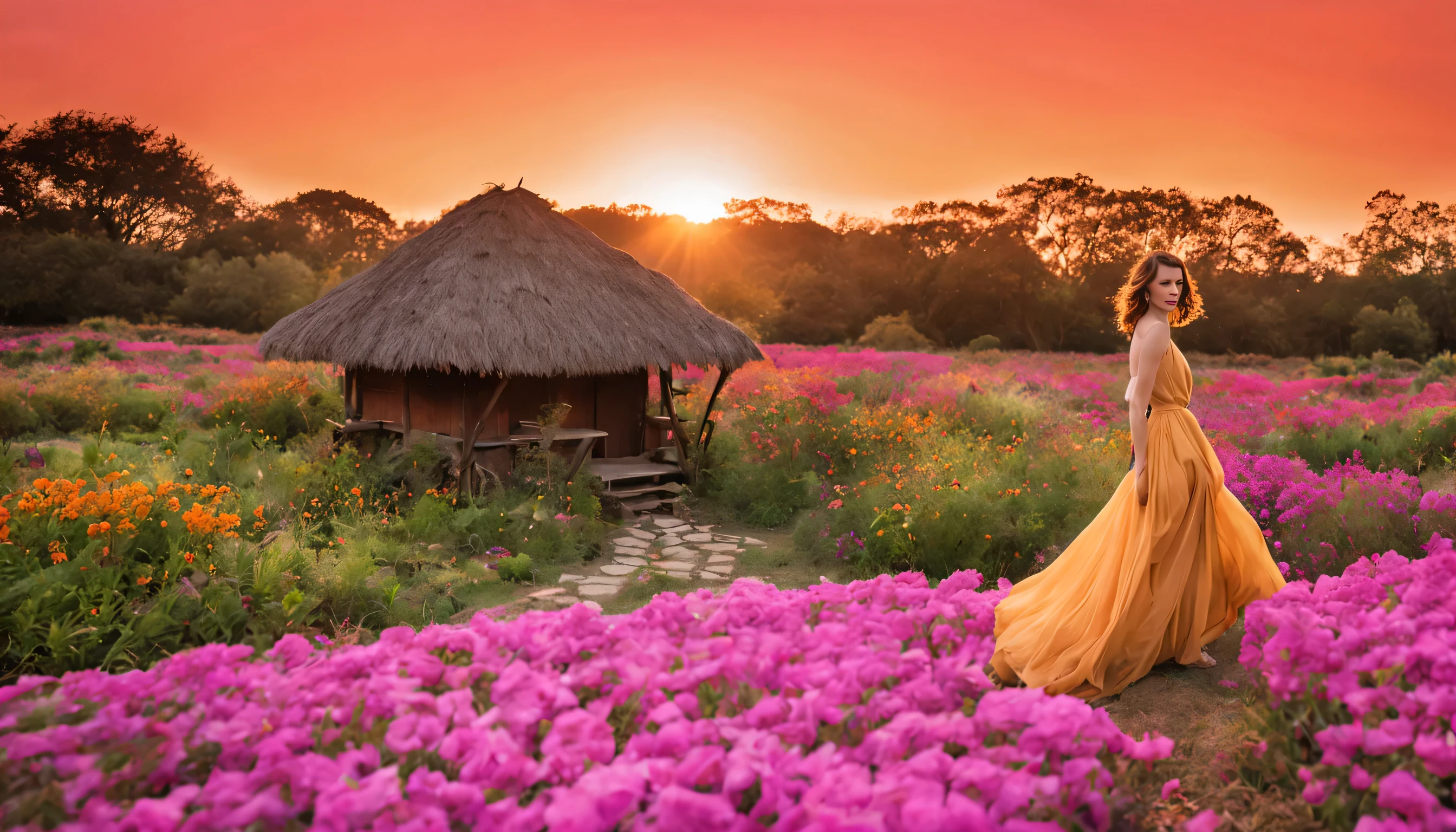 優雅飄逸的仙女, "米拉喬沃維奇 (Milla Jovovich) 穿著紫水晶長裙", 在一個場景中. 迷人的奇幻世界. 雄偉的山脈在背景中拔地而起, 勾勒出青翠寧靜的山谷. 前景中出現一座風景如畫的鄉村別墅, 擁有質樸的木造和茅草屋頂, 完美融入現場. 房子附近蜿蜒的清澈溪流發出舒緩的聲音, 大自然舒緩的色彩為周圍描繪出寧靜的調色板. 蝴蝶和蜜蜂在小花園裡翩翩起舞. 夕陽將天空染成橘色和粉紅色, 在地平線上創造出神奇的奇觀.
