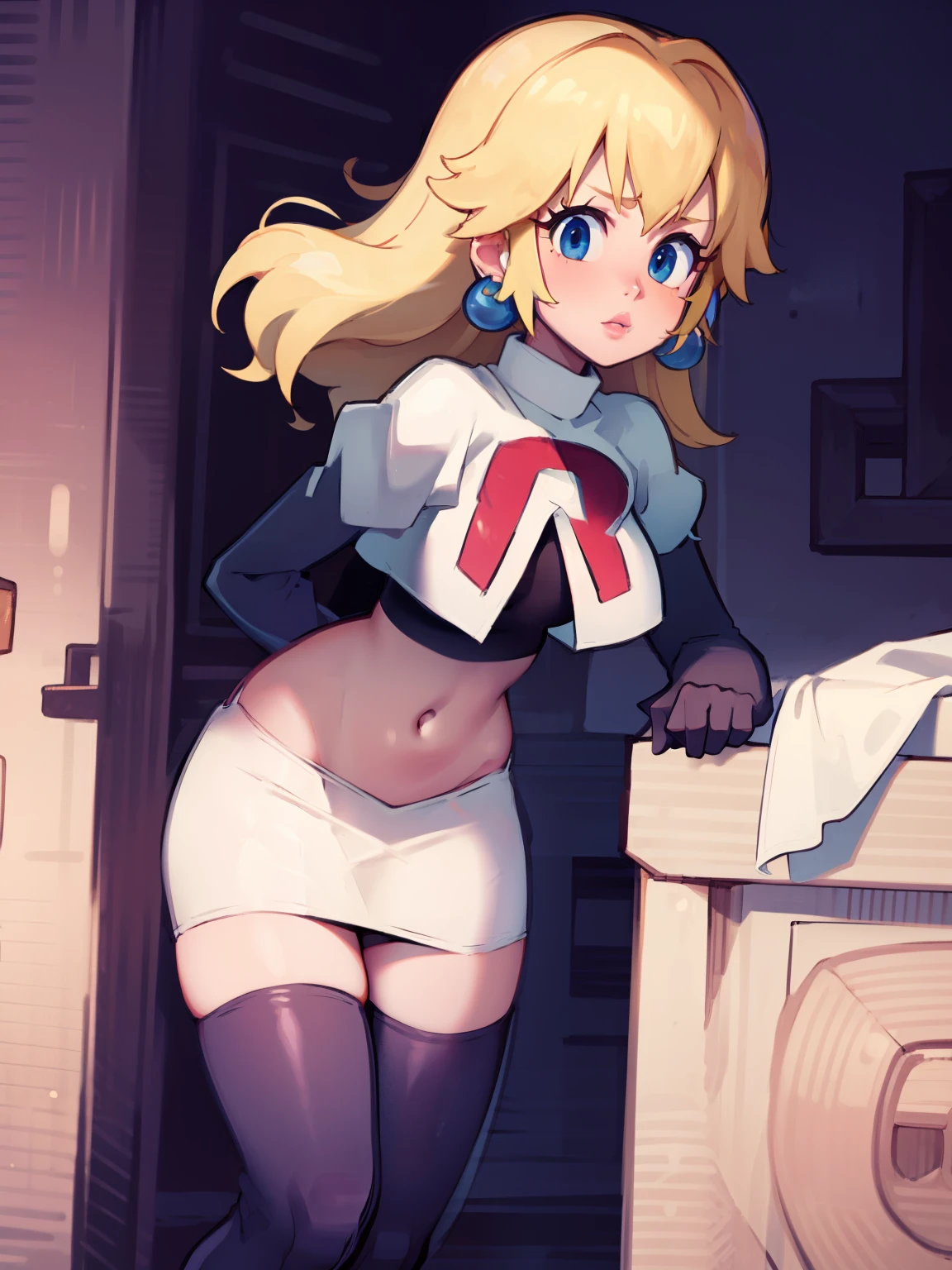 princess_peach, blonde hair ,earrings,team rocket,team rocket uniform, red letter R, white skirt,white crop top,black thigh-highs,black elbow gloves