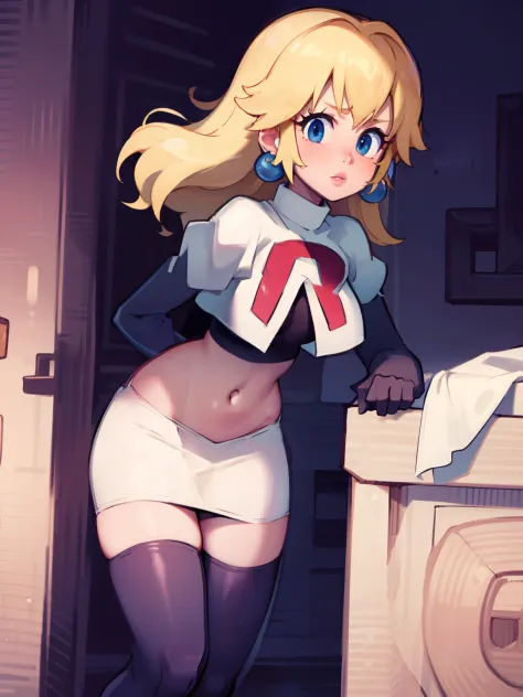 princess_peach, blonde hair ,earrings,team rocket,team rocket uniform, red letter R, white skirt,white crop top,black thigh-high...