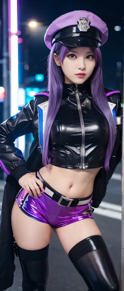 police female idol、Full body Esbian、cyberpunk police uniform（Police hat）、shiny purple tight shorts、、good style、、cyber light up、fluorescent purple hair