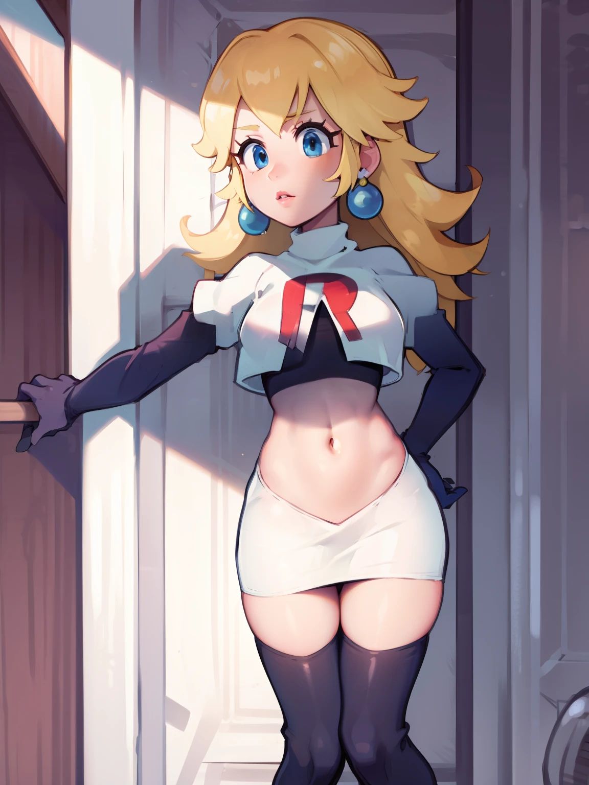 princess_peach, blonde hair ,earrings,team rocket,team rocket uniform, red letter R, white skirt,white crop top,black thigh-highs,black elbow gloves