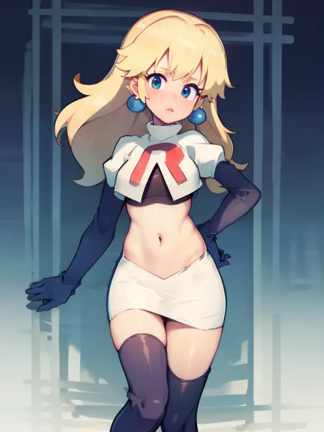 princess_peach, blonde hair ,earrings,team rocket,team rocket uniform, red letter R, white skirt,white crop top,black thigh-high...