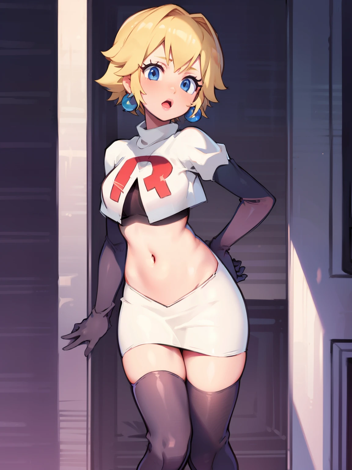 princess_peach, blonde hair ,earrings,team rocket,team rocket uniform, red letter R, white skirt,white crop top,black thigh-highs,black elbow gloves