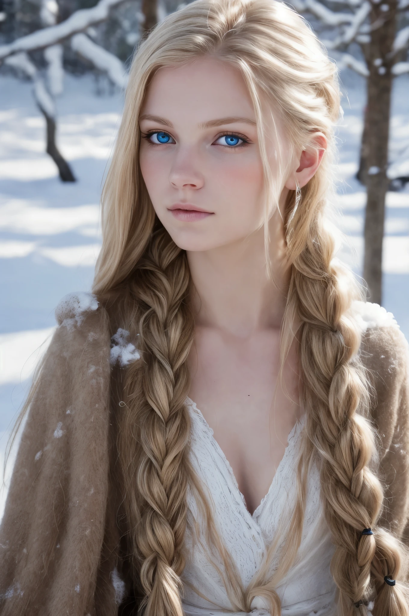 (实际的:1.2), 模拟摄影风格, 斯堪的纳维亚女战士, 梦幻般的雪景, 金色辫子头发, 全身, 柔和的自然光, 可爱又性感, 乐趣, 细致的脸部和蓝眼睛, 优良的品质, 杰作, 详细的北方背景, 质量: 16千, RAW 照片