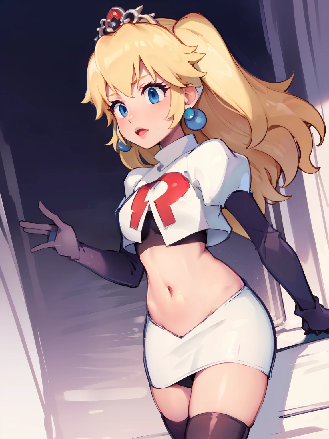 princess_peach, blonde hair ,earrings,team rocket,team rocket uniform, red letter R, white skirt,white crop top,black thigh-highs,black elbow gloves