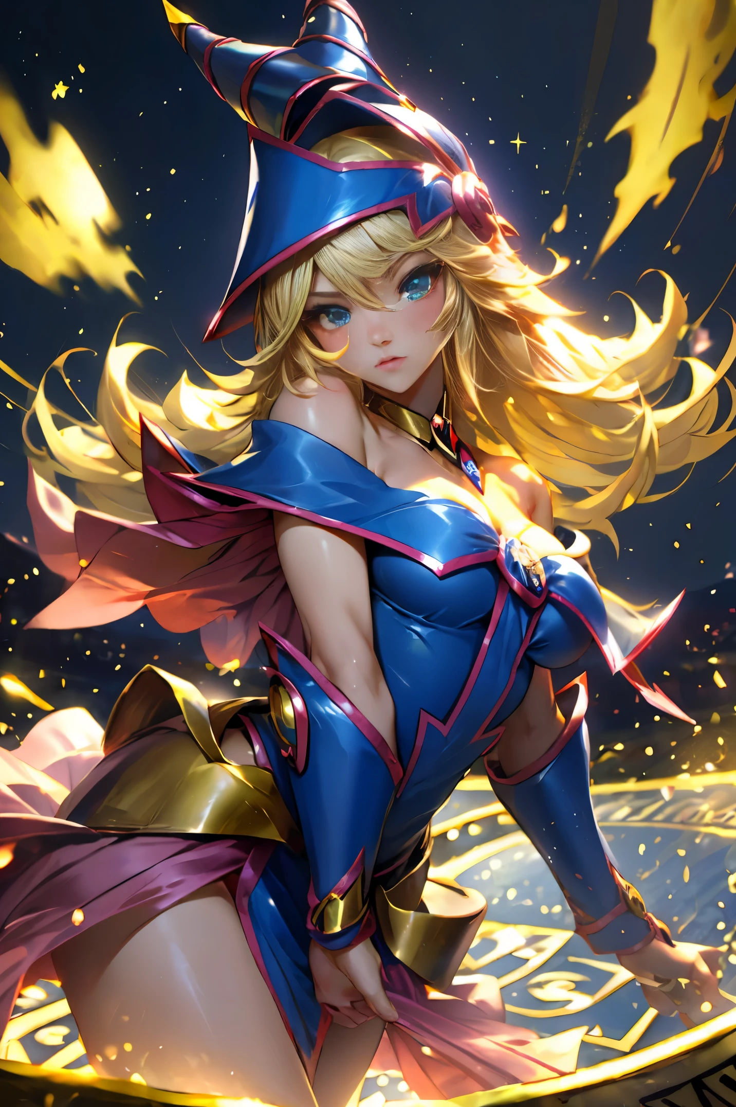 Dark magician gils dressed as the sand goddess from Saint Seiya. Vestido white, tight, white. blond hair. blue eyes. Red lips. Whole body. Athena background. Sensual and innocent pose. Magic circle around you. Heart magic in the air. 