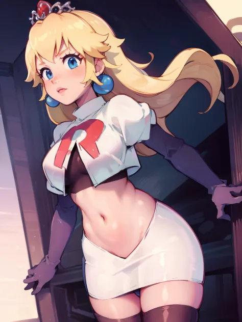 princess_peach, blonde hair ,earrings,team rocket,team rocket uniform, red letter R, white skirt,white crop top,black thigh-high...