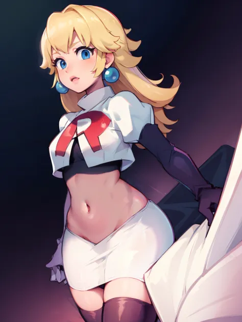 princess_peach, blonde hair ,earrings,team rocket,team rocket uniform, red letter r, white skirt,white crop top,black thigh-high...