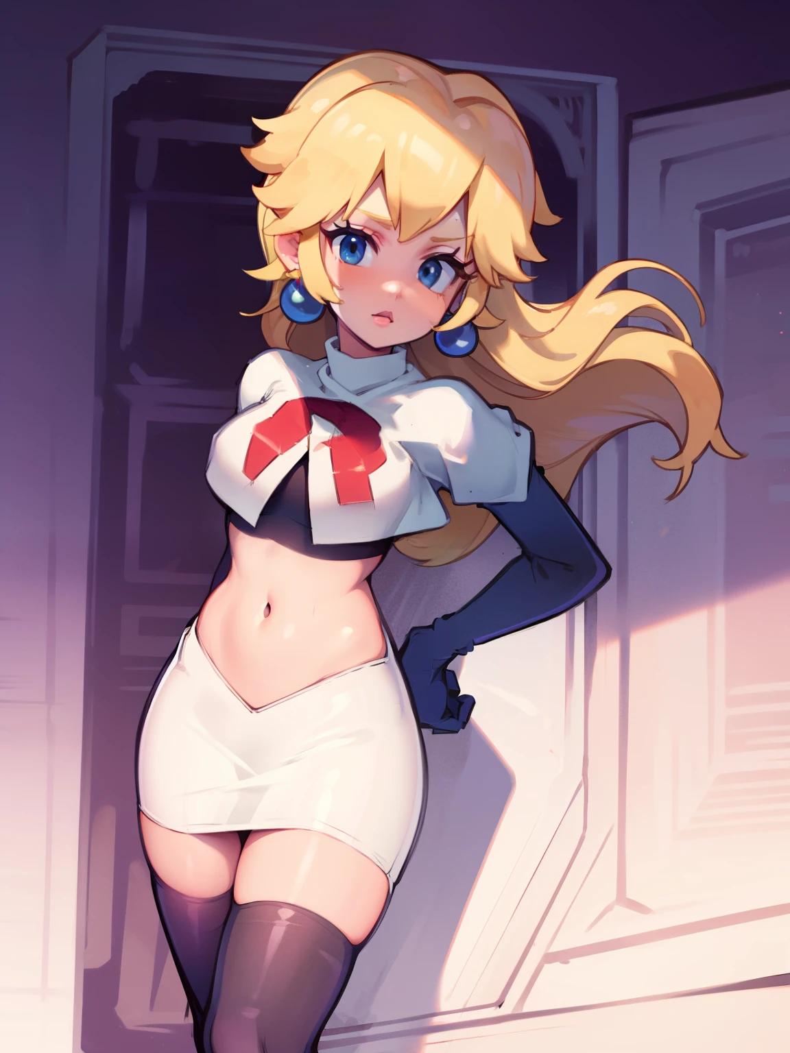 princess_peach, blonde hair ,earrings,team rocket,team rocket uniform, red letter R, white skirt,white crop top,black thigh-highs,black elbow gloves