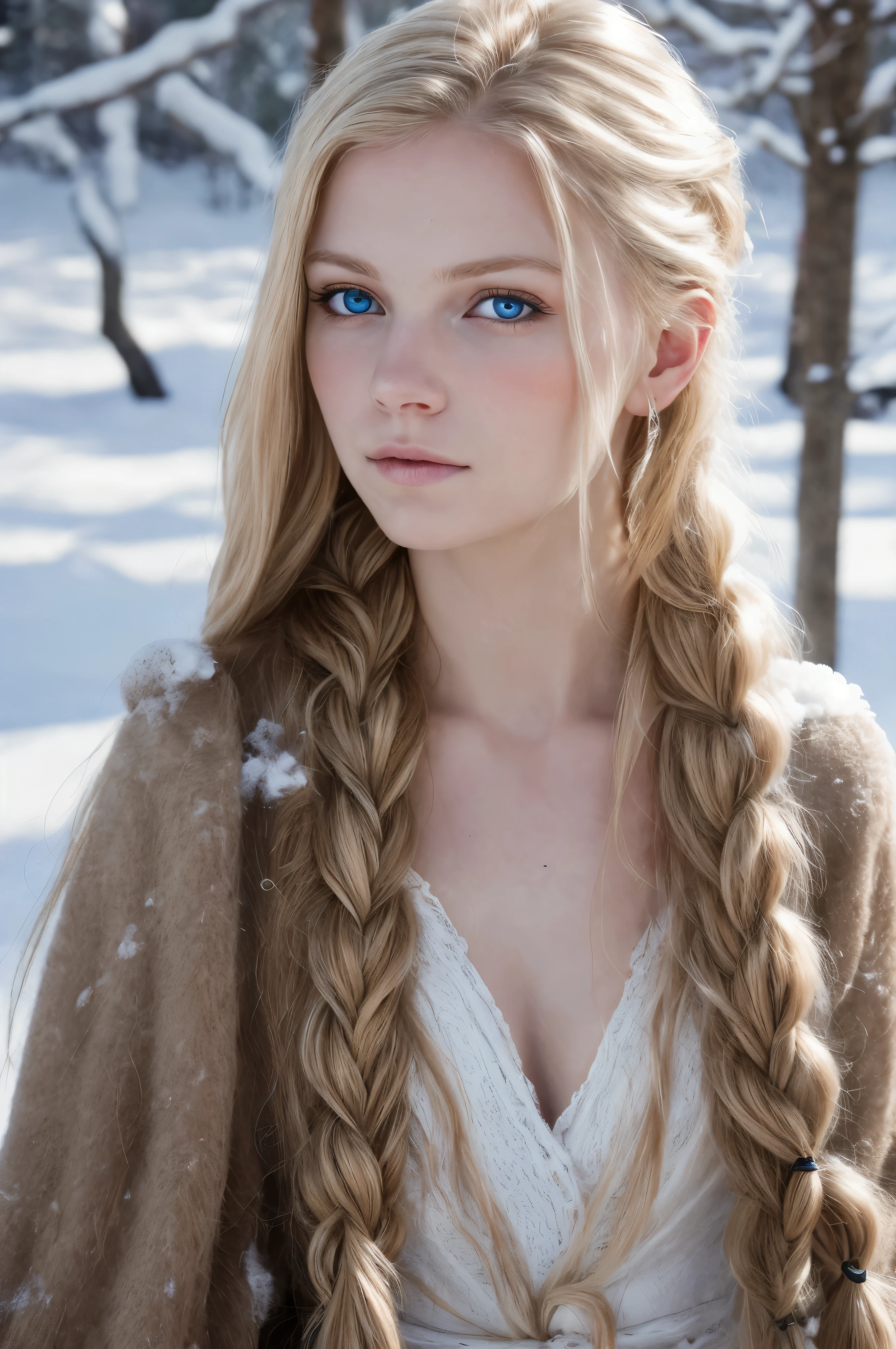 (实际的:1.2), 模拟摄影风格, 斯堪的纳维亚女战士, 梦幻般的雪景, 金色辫子头发, 全身, 柔和的自然光, 可爱又性感, 乐趣, 细致的脸部和蓝眼睛, отличное 质量, 杰作, 详细的北方背景, 质量: 1.6万., RAW 照片