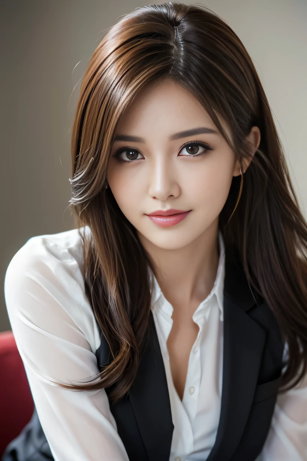 table top, highest quality, realistic, Super detailed, finely, High resolution, 8k wallpaper, 1 beautiful woman,, light brown messy hair, wearing a business suit, sharp focus, perfect dynamic composition, beautiful and detailed eyes, thin hair, Detailed realistic skin texture, smile, close-up portrait, model body shape