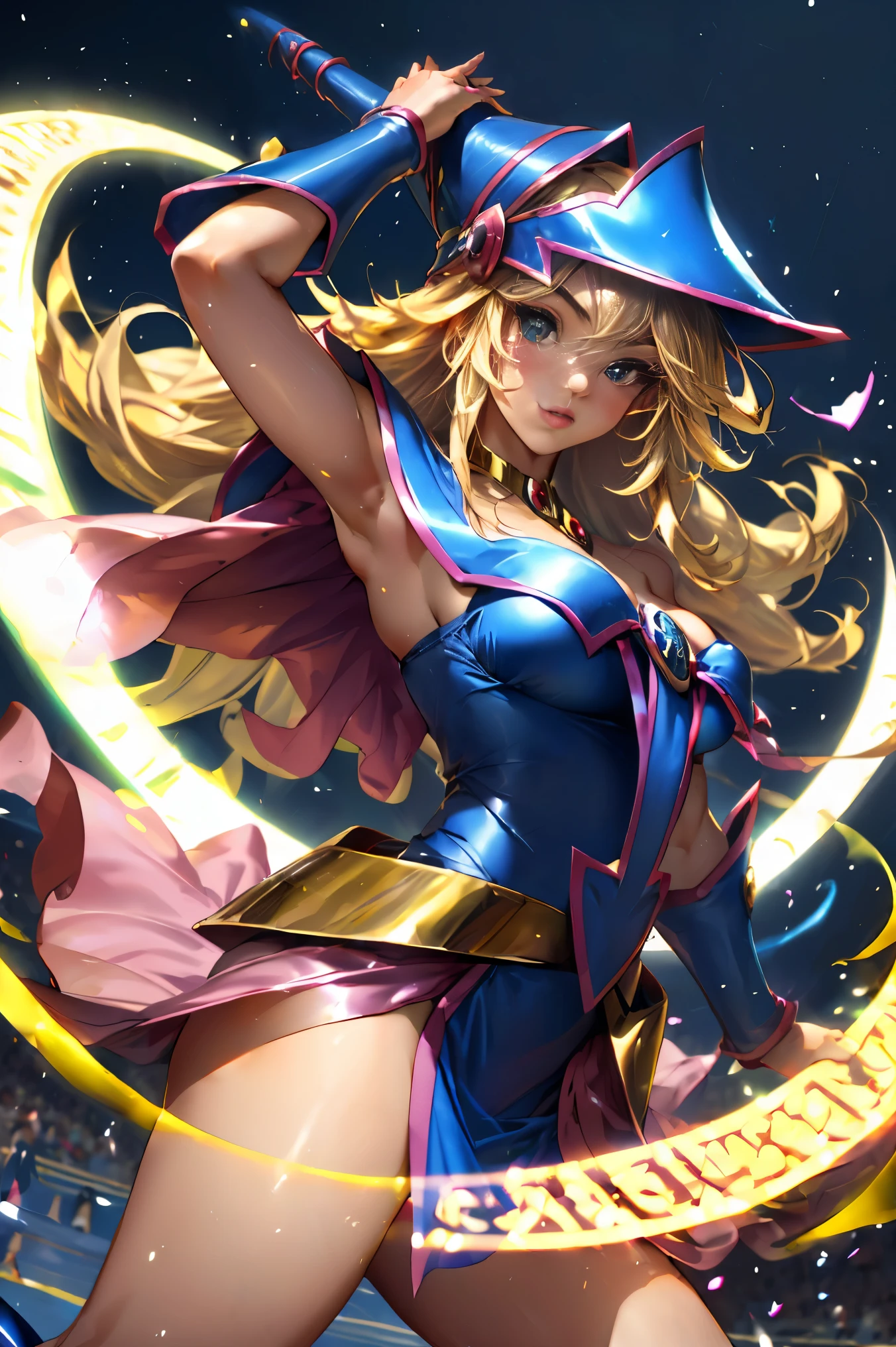 Dark magician gils dressed as the sand goddess from Saint Seiya. Vestido white, tight, white. blond hair. blue eyes. Red lips. Whole body. Athena background. Sensual and innocent pose. Magic circle around you. Heart magic in the air. 