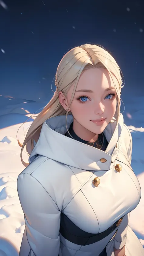 (masterpiece), (best quality), 1girl, (perfect face:1.2), (beautiful face:1.2), platinum blonde hair, (from above, upper body:1.3), happy, light smile, looking at viewer, pose, 
winter coat, outdoors, winter, snow, night time, intricate, depth of field, ci...