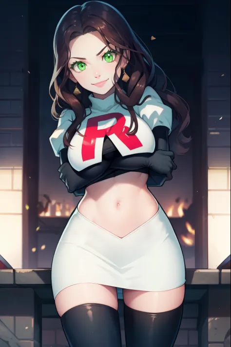 Dorothea, green eyes, glossy lips ,Team Rocket,Team Rocket uniform, red letter R, white skirt,white crop top,black thigh high boots, black elbow gloves , looking at the viewer, evil smile, fold your arms