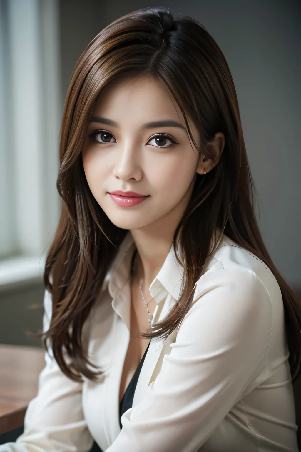 table top, highest quality, realistic, Super detailed, finely, High resolution, 8k wallpaper, 1 beautiful woman,, light brown messy hair, wearing a business suit, sharp focus, perfect dynamic composition, beautiful and detailed eyes, thin hair, Detailed realistic skin texture, smile, close-up portrait, model body shape