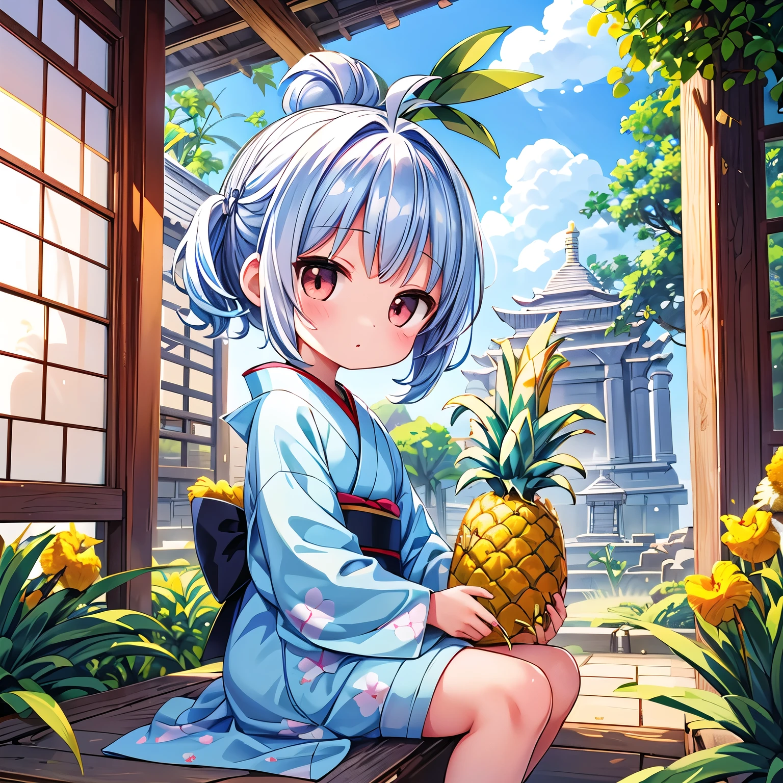 ((Chibi, Pineapple,short,Petite,cute, Nendoroid, 1 girl,masterpiece, almond-shaped eyes, glossy white-blue hair, short chignon hair)),top quality, delicate fingers, curly hair, warm clothes, beautiful skin, red cheeks, intense light and shadow,  full body ,castles,Warm clothing,kimono,Kimono Cardigan,Garden,flower,Pineapple world,Ancient temple ruins hidden ,countryside ,grazing wildlife,sit