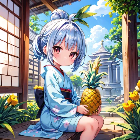 ((chibi, pineapple,short,petite,cute, nendoroid, 1 girl,masterpiece, almond-shaped eyes, glossy white-blue hair, short chignon h...