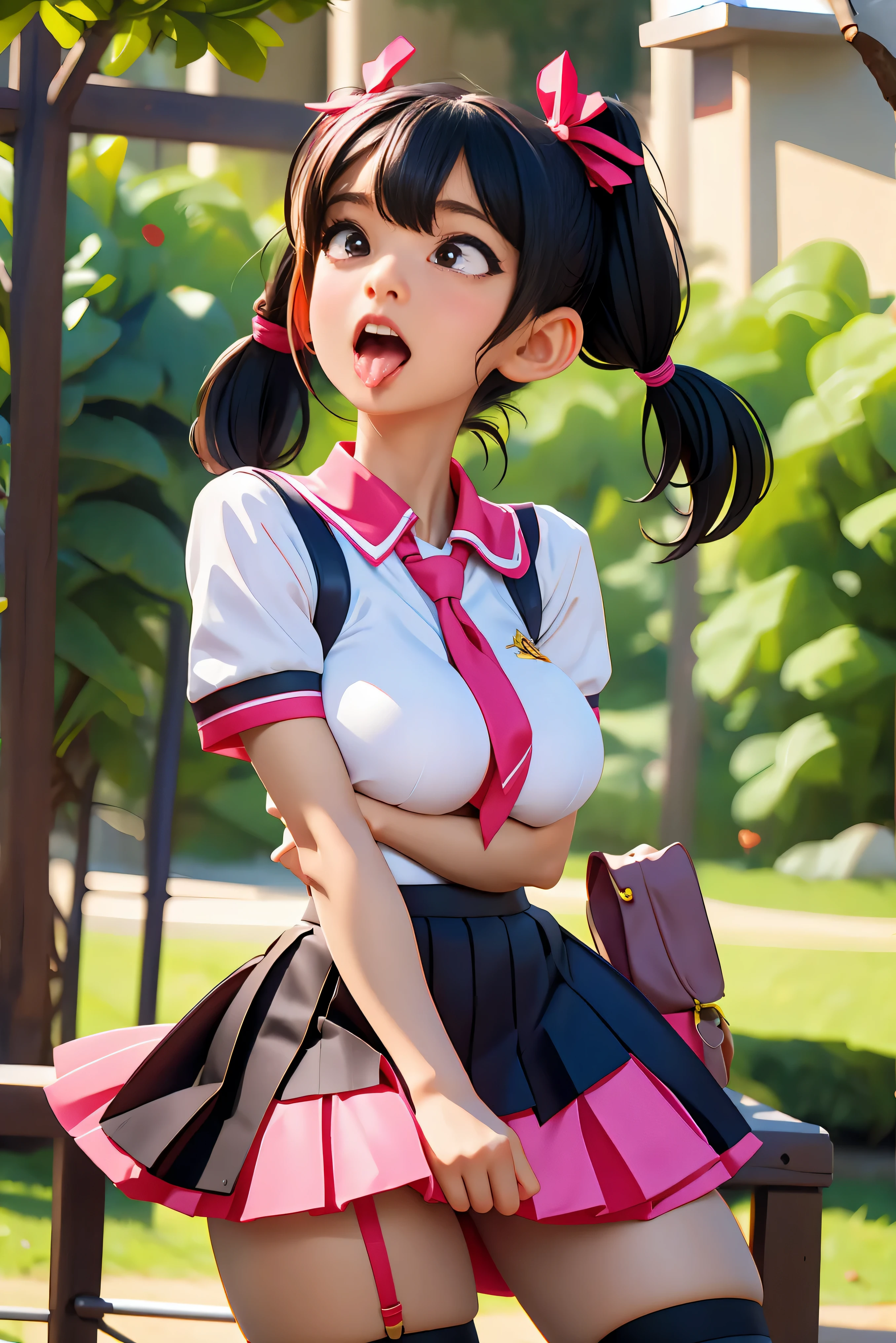 (Best Quality,4K,High resolution:1.2), Ultra-detailed, Realistic portrait, Best Quality, (outside japanese high school), (passionate scene),one very young looking high school girl, (intense emotion), (carp), (kiss:1.1), , (open eyes),(innocent look), student clothes, long black hair with bows and ribbonini Pleated Skirt、(Stockings), on all fours, open mouth, (very big breasts), lingerie, pigtails, thin tiny waist, black and pink marching band uniform with bow, having fun, , big brown eyes, big cute smile, (full body, perfect long legs, looking up staring into camera, far away), (muscular lean abs, tight cropped blouse), (ahegao, tongue out, long tongue, open mouth, saliva dripping down)