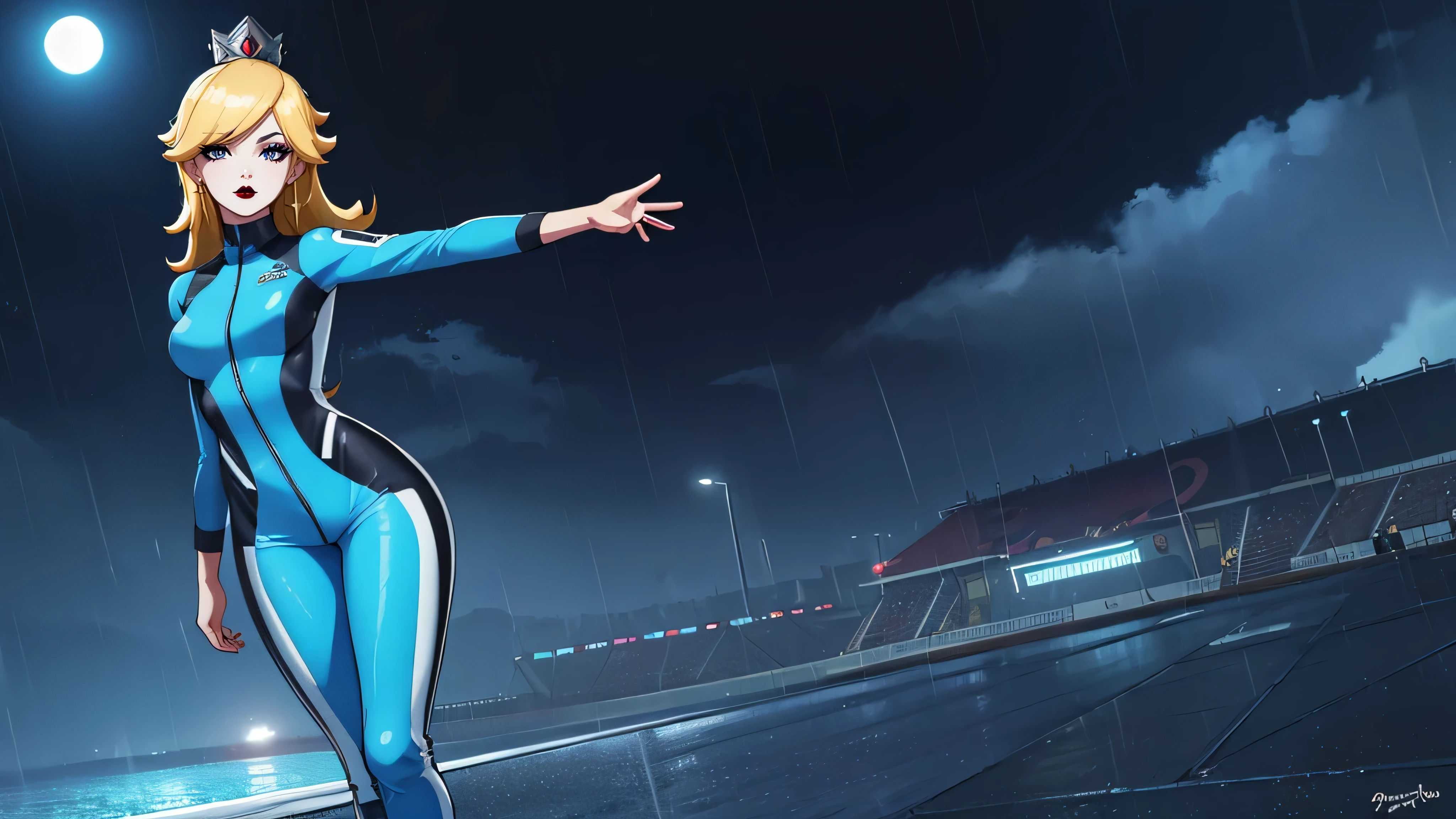 ((high detailed, best quality, 4k, masterpiece, hd:1.3)), BREAK rainy night, moonlight, landscape, it's raining, raining, a full-length shot of Rosalina standing posing under the rain, BREAK neon blue eyes, seductive, attractive, sexy smile, smiling, smooth anime cg art, 36C breasts, (long fitness legs), vivid colors, detailed digital art, slim body, perfect skin, wet blonde hair, wet long hair, wet hair, BREAK crown, BREAK looking at viewer, extremely detailed face, (blue jumpsuit), (Jumpsuit:1.5), (blue racing suit), (racing suit:1.5), (blue high heels), full wet body, wet body, earrings, gem, dark gothic eyeshadows, dark eyeshadows, black eyeshadows, black_sexy_lips, black lips, dark lips, gothic painted lips, dark_red_lips, very dark lips, red_painted_lips, (very thin lips), thin lips, detailed lips, (dark:1.2), (perfect hands, perfect anatomy), black makeup, detailed fingers, five fingers per hand, 5 fingers, (1 girl), (solo:1.3), (arms outstretched:1.3),