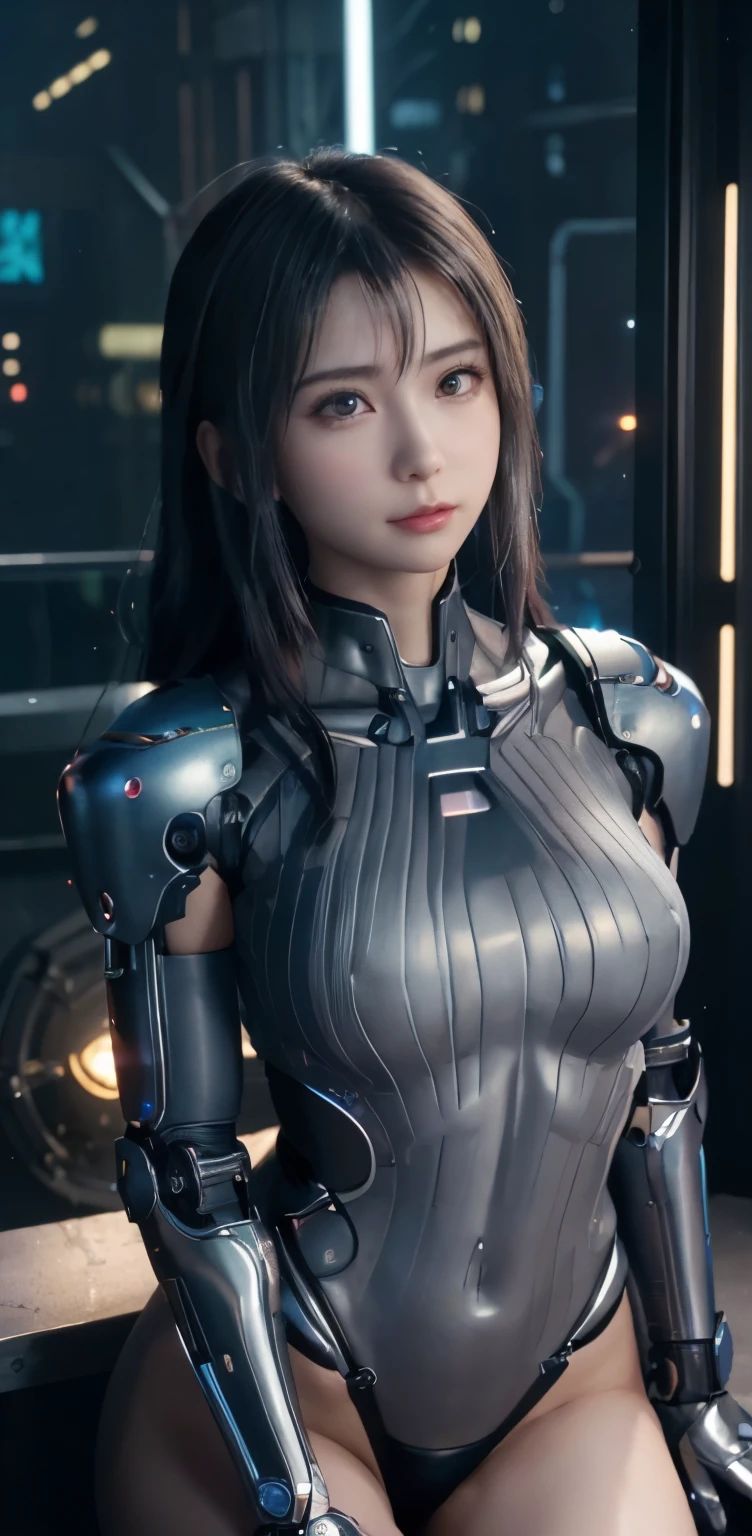 masterpiece、((gray sweater))、 ((plug suit)), ((beautiful girl:1.2))、i don&#39;t&#39;no arms.、mechanized body、Mechanized chest and abdomen、mechanized occiput、Mecha leg rack metallic suit that fits perfectly to the body、 Are standing、tied up、金属roboT、((cyberpunk background))、(neon light)、(Futuristic machine factory background)、Cyberdyne、artificial body、All metal body、ironwork、abdominal mechanism、((roboTアームとハンド))、((roboTの足))、((machine neck))、Inside the spaceship、beautiful girl、16 years old、Asian Beauty, (Actuator and cable exposed from abdomen.、金属製roboTの首から胴体までつながっている、Complex 3d rendering beautiful porcelain profile super be familiar withd female android face、cyborg、roboT部品、150mm、Soft light in a beautiful studio、rim light、vivid details、gorgeous cyberpunk、Ren Hao、超Realistic、anatomical、facial muscles、cable wire microchip、elegant、beautiful background、octane rendering、HR giger style、8k、highest quality、masterpiece、enlightenment、very delicate and beautiful、 Very familiar CG、unity、wallpaper、(realistic、Photoreal:1.37)、wonderful、be familiar with、masterpiece、highest quality、official art、Highly be familiar withd CG unity 8k wallpaper、absurdes、incredibly absurdes、、roboT、Silver Beadal Body Esbian、sit on top