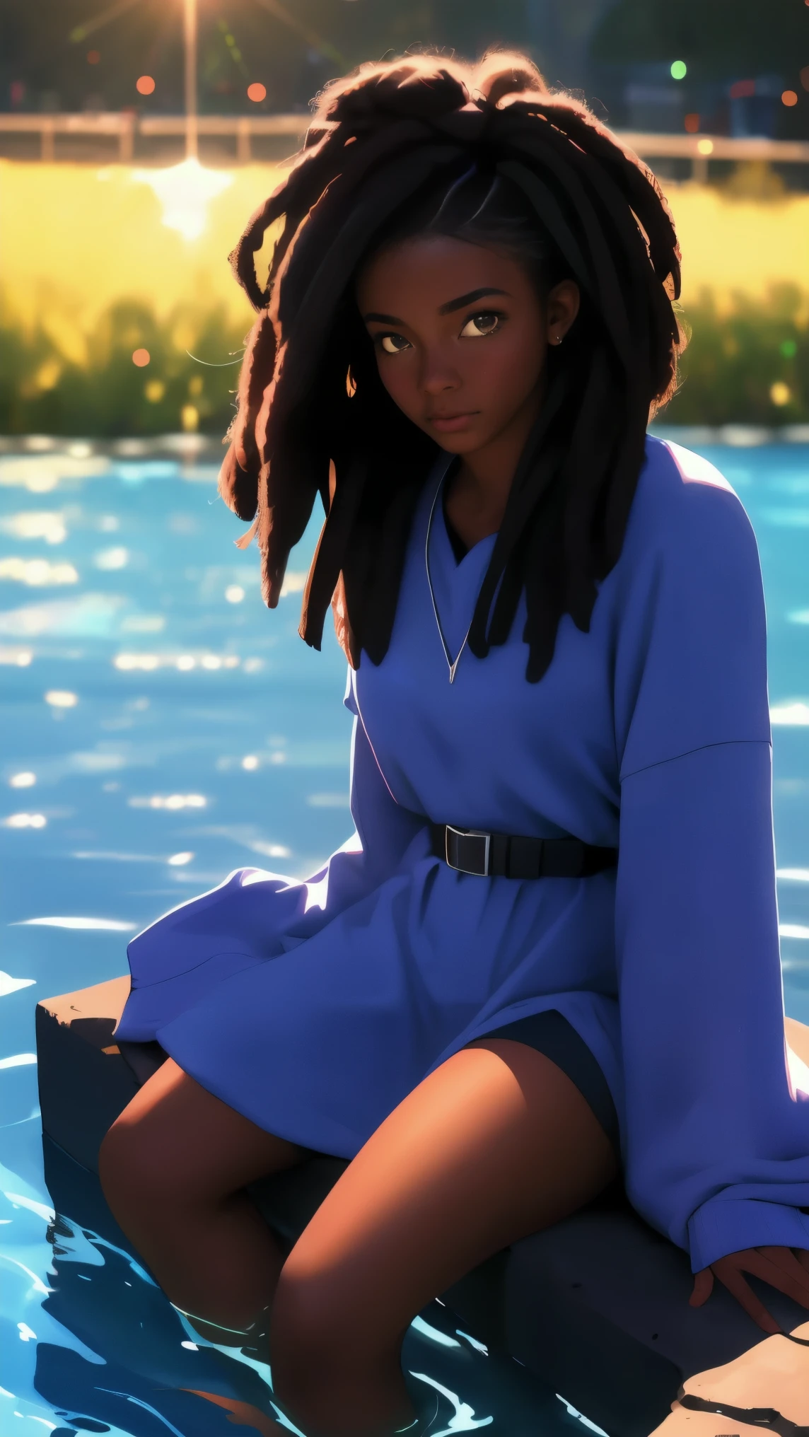 Pretty woman with dark skin sitting on a hillside,(((sitting by water))), soft should length hair, ebony nose and dark brown eyes, african american, wearing black gloves, she is calm in a playful scenery, blue lanterns floating in the water nearby, illuminating her hair, water has a blue florescent glow, clearly defined features, funkypop, cyberdelic, grunge, hyperrealistic black anime, lofi art, luminism, medium shot, attention to details, depth of field, chemiluminescence in her hair, soft background lens flare, flourescent light in her hair, character design, atey ghailan, basquiat, colorful_frequencies, electric colors, iridescent, dynamic pose, nouveau realisme, city background,