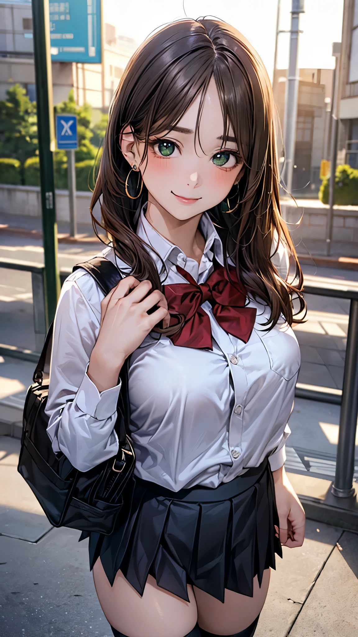 (masterpiece:1.2, top-quality), (realistic, photorealistic:1.4), beautiful illustration, (natural side lighting, movie lighting), 
looking at viewer, cowboy shot, front view:0.6, 1 girl, japanese, high school girl, perfect face, cute and symmetrical face, shiny skin, 
(long hair:1.8, side ponytail:1.7, light brown hair), parted bangs, emerald green eyes, long eye lasher, (large breasts:0.9, thick thighs), 
beautiful hair, beautiful face, beautiful detailed eyes, beautiful clavicle, beautiful body, beautiful chest, beautiful thigh, beautiful legs, beautiful fingers, 
((white collared shirts, black pleated mini skirt, black socks, brown loafers, red bow tie)), hoop ring earrings, pink panties, dark blue school bag, 
(beautiful scenery), evening, riverside, walking, hands on chest, (lovely smile, upper eyes), 