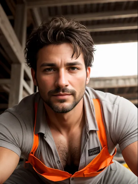 masterpiece, best quality, high resolution, closeup portrait, male focus, solo focus, A man, 40 years old, with construction worker uniform, unbuttoned work clothes, construction worker, silver grey hair, messy hairstyle, hairy armpit, cute and seductive f...