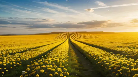 "Golden Fields of Radiance":

"Design a heavenly landscape with fields of golden radiance, where celestial flowers bloom, and majestic structures rise, creating a serene and otherworldly atmosphere."