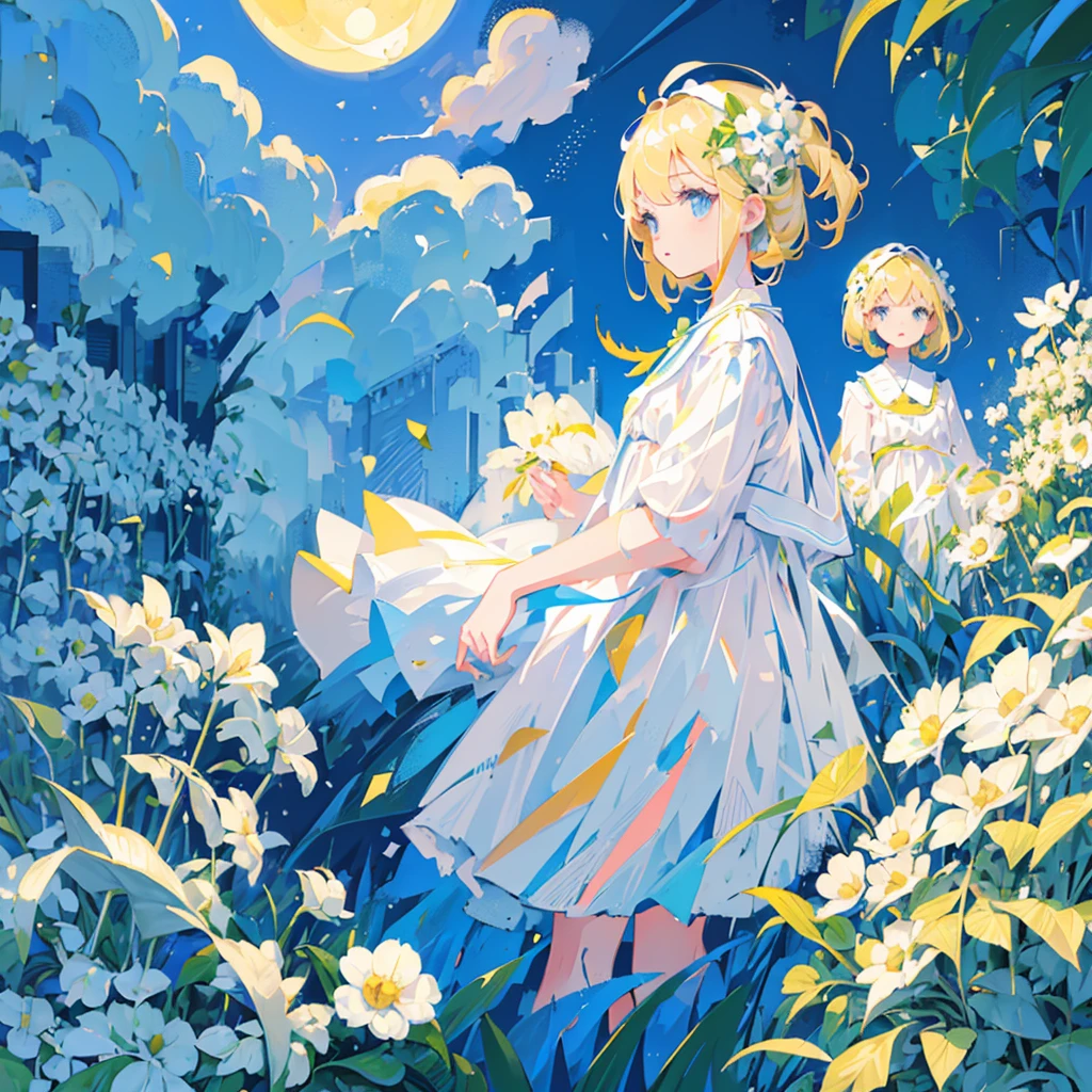 (2 个女孩, 金头发, 蓝眼睛, 白色太阳裙, 可爱的, 卡哇伊), (蓝月亮, 白花田, 绿色道路, 几何图案), (低对比度, 平面颜色, 有限的调色板)