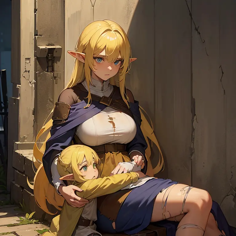((1 elf woman with a child on her lap)),((wearing torn rags and dirty clothes)),((long light yellow hair)), big breasts, dirty f...