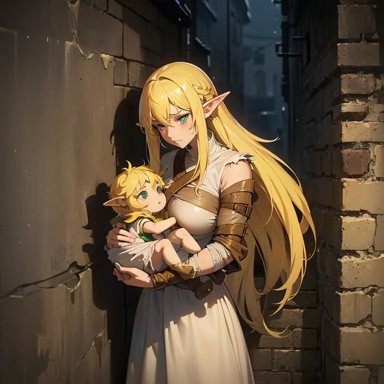 ((1 elf woman)),((holding a child in her arms)),((wearing torn rags and dirty clothes)),((long light yellow hair)),big breasts,d...