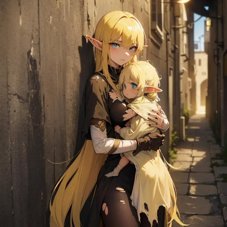 ((1 elf woman)),((holding a child in her arms)),((wearing torn rags and dirty clothes)),((long light yellow hair)),big breasts,d...