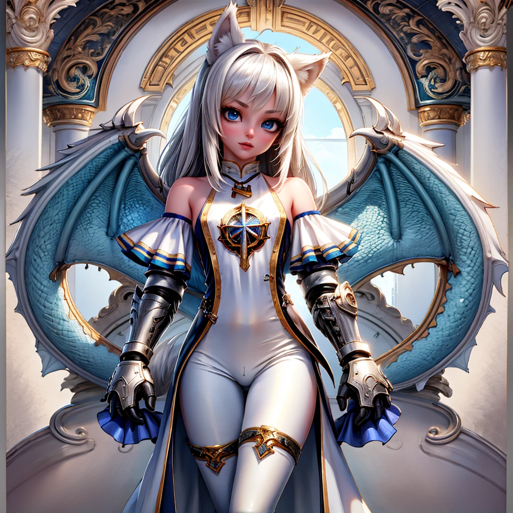 8k, resolution, high quality, high resolution, best quality, best resolution, absurd resolution, ray tracing, high detailed, masterpiece, extremely detailed,shoulder length white hair, female,white 2 wolf ears, teenage girl, slim body, white scale dragon tail,white noble boots,white leggings, female noble white clothes, white jacket, medium size chest, detailed blue eyes, detailed beautiful face,solo female,1 dragon tail, detailed eyes, tomboyish