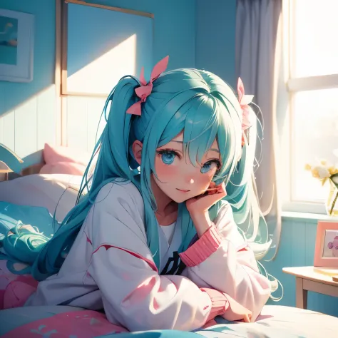 Hatsune Miku、morning、Waking up、on the bed、In pajamas