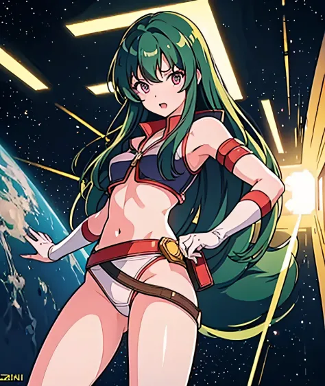 Reika Kirishima (Time Gal) with long green hair, small breasts, surprised expression, nude, wearing white calf-high boots, a laser gun holster belt around her waist, breasts visible, cunt visible, thighs bare, knees bare, zapped by glowing energy, standing...