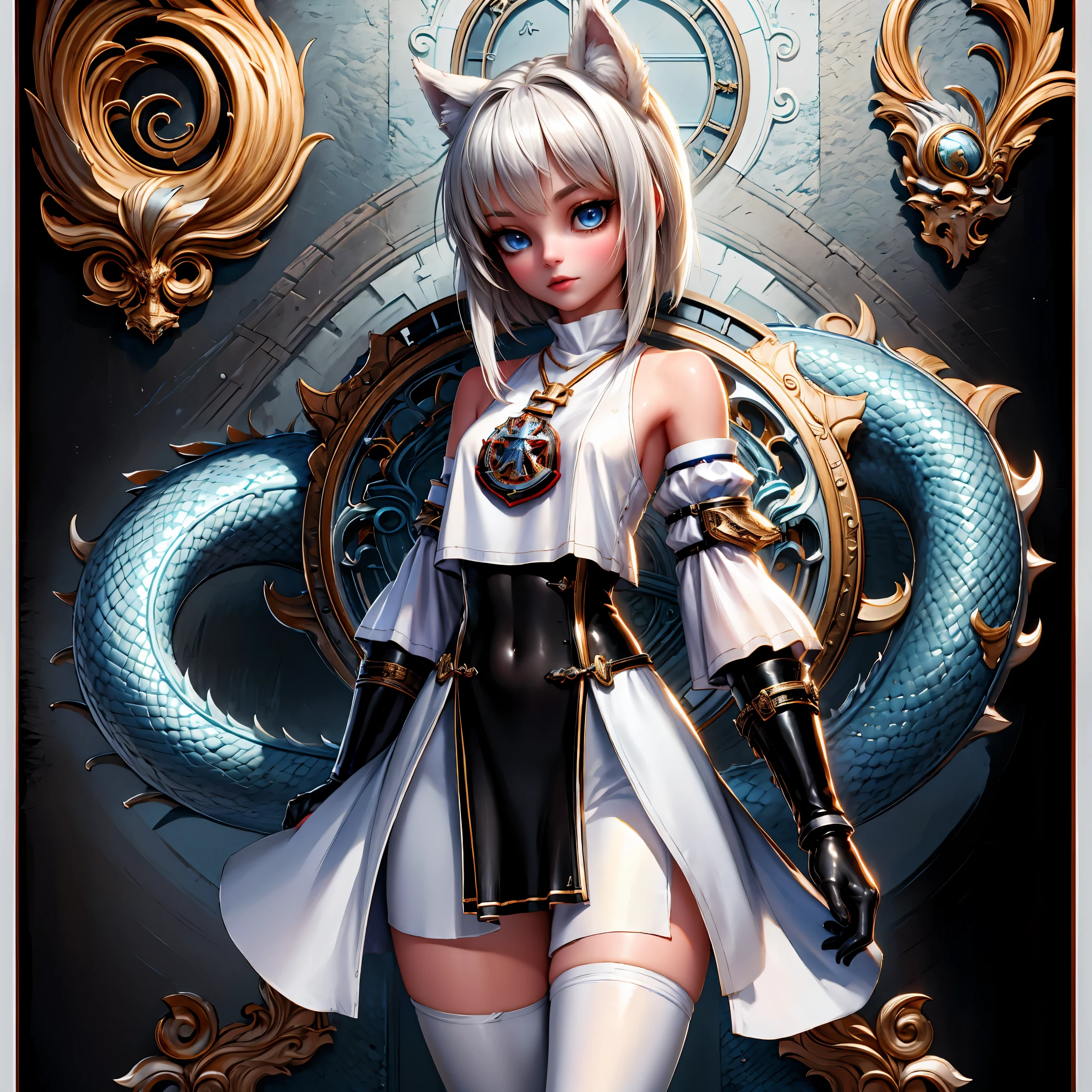 8k, resolution, high quality, high resolution, best quality, extremally detailed, best resolution, absurd resolution, ray tracing, high detailed, masterpiece, extremely detailed,shoulder length white hair, female,2 white wolf ears, teenage girl, slim body, white scale dragon tail,black boots,black leggings, navel blue school skirt, sailor shirt, white jacket, medium size chest, detailed blue eyes, detailed beautiful face,solo female,1 dragon tail, detailed eyes, tomboyish