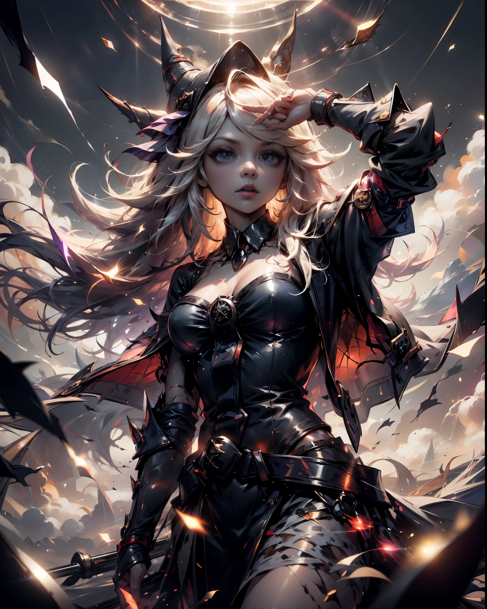 Легендарная Укротительница Драконов Тёмная Девушка-Маг , в Царстве Небесном, горит между облаками и солнечными лучами вокруг него. Соблазнительная сексуальная и невинная соблазнительная поза.