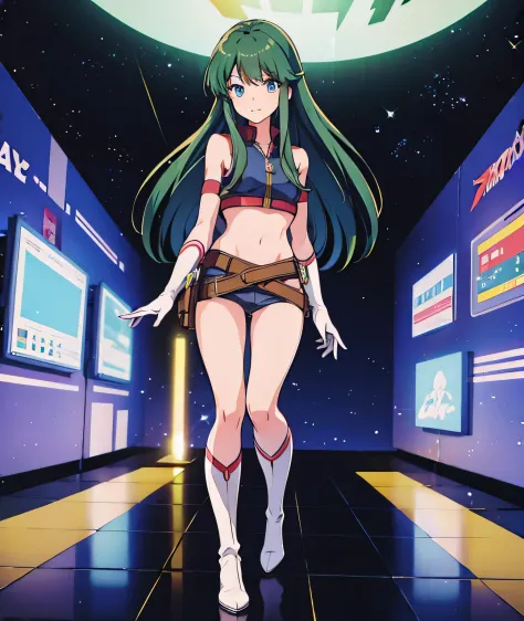 Reika Kirishima (Time Gal) with long green hair, small breasts, surprised expression, naked except for white gloves and white calf-high boots, a laser gun holster belt around her waist, breasts visible, cunt visible, thighs bare, knees bare, zapped by glow...