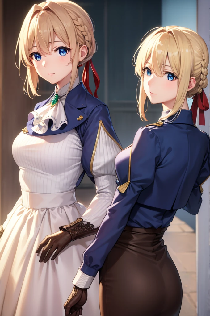 Violet Evergarden, Violet Evergarden, Blonde hair, Blue eyes, Hair Ribbon, bow ribbon, Short hair, Braids, hair braids, Red Ribbon, maturefemale,
Blake Blue Jacket, Brown gloves, Cropped jacket, Dress, gloves, Green brooch, Jacket, juliet sleeves, Long sleeves, Puffy sleeves, White Dress,
BREAK looking at viewer,
BREAK outdoors, city,
BREAK (masutepiece:1.2), Best Quality, High resolution, Unity 8k壁纸, (Illustration:0.8), (Beautiful detailed eyes:1.6), extra detailed face, Perfect Lighting, extremely details CG, (Perfect hands, Perfect Anatomy),a smile